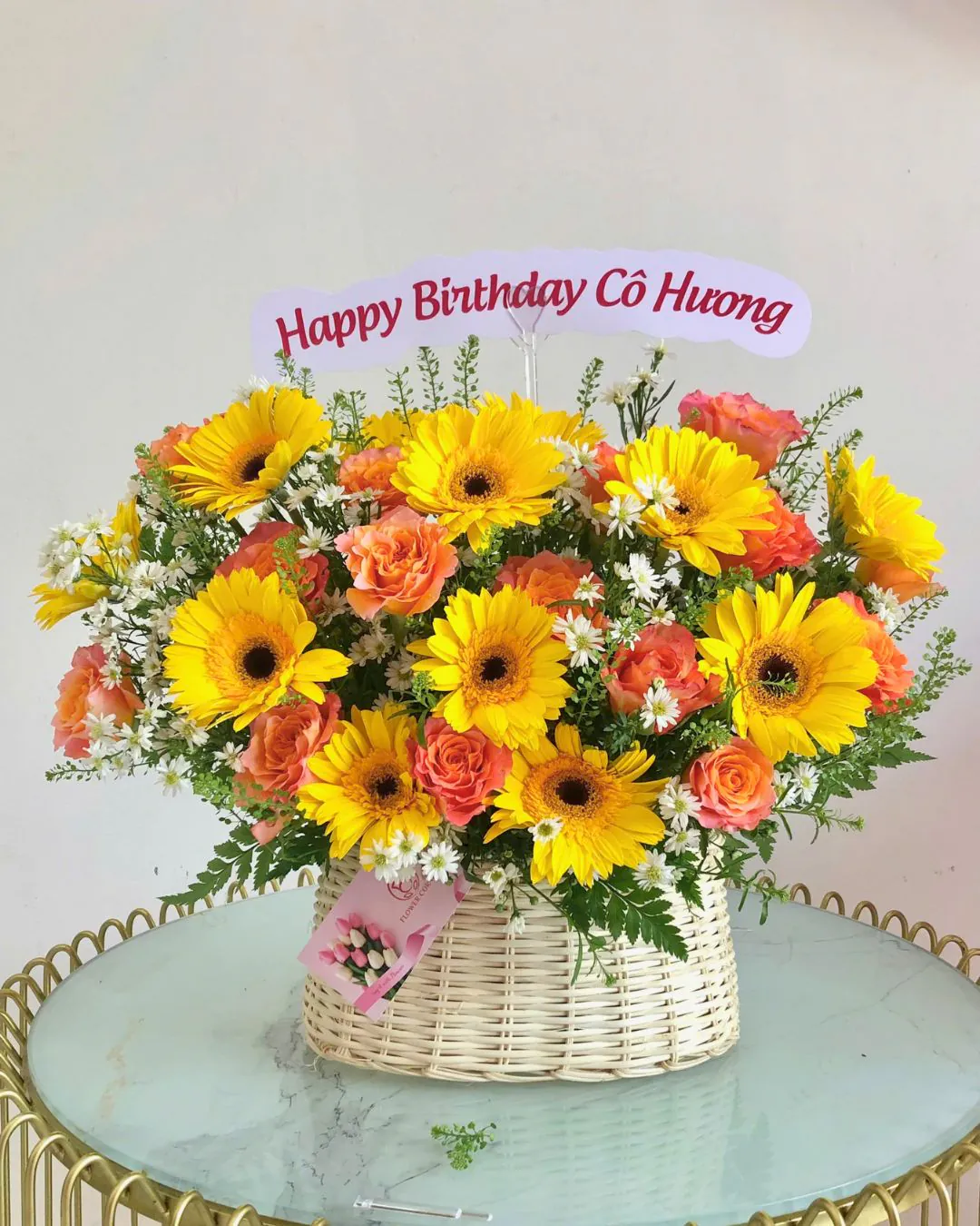 Lẵng hoa để bàn tone cam